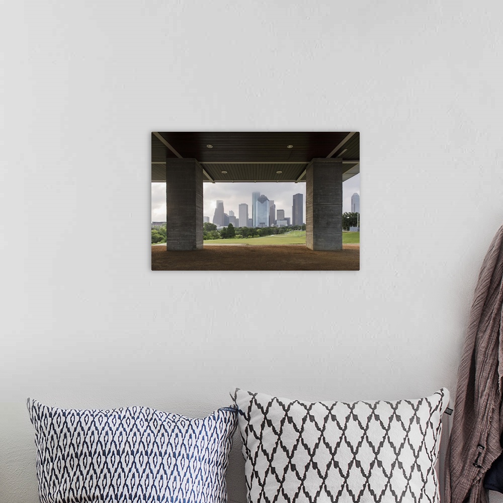 A bohemian room featuring Photograph of the Houston Skyline surrounded by clouds viewed from Eleanor Tinsley Park.