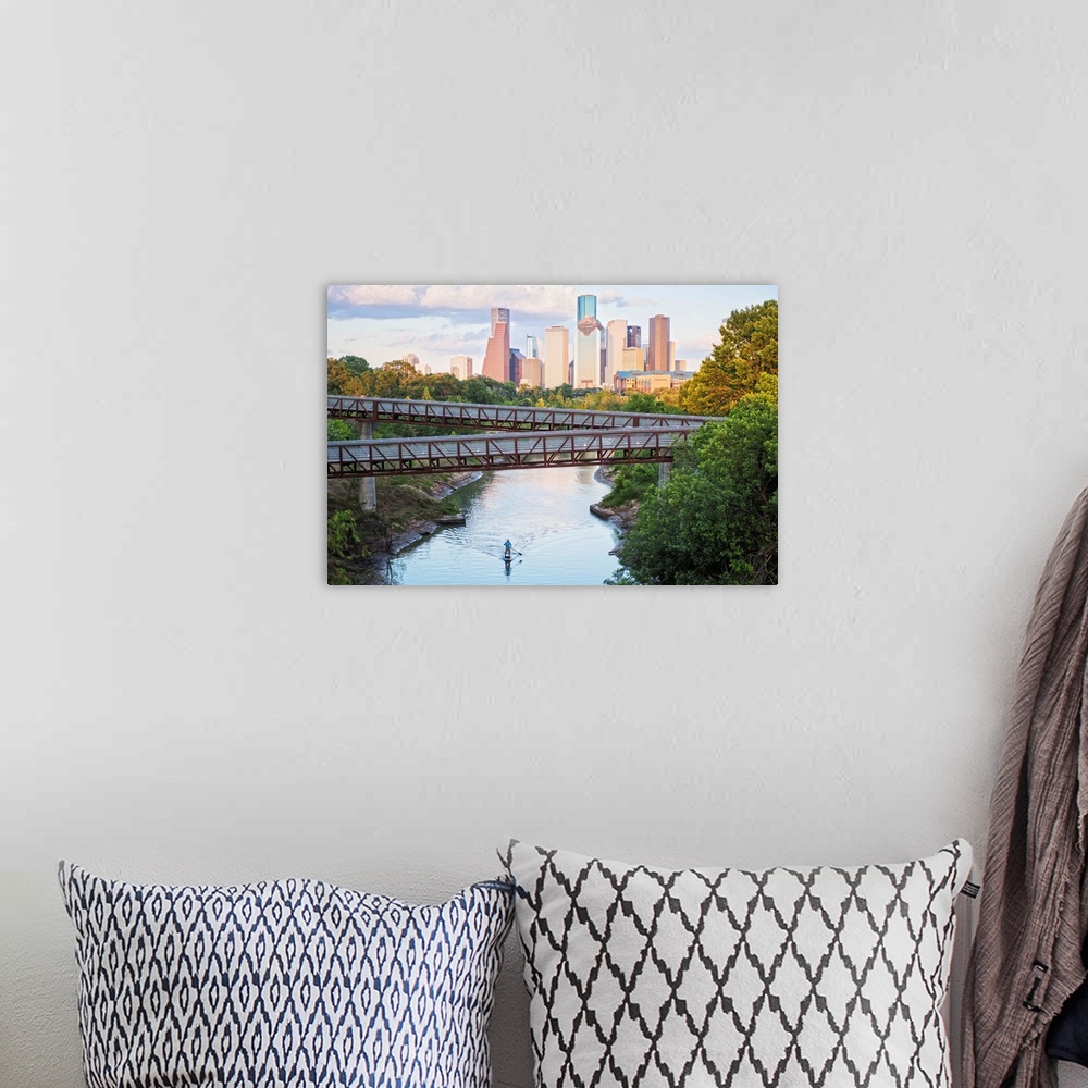 A bohemian room featuring Photograph of the Houston TX skyline in the distance with the  Rosemont pedestrian bridge in the ...