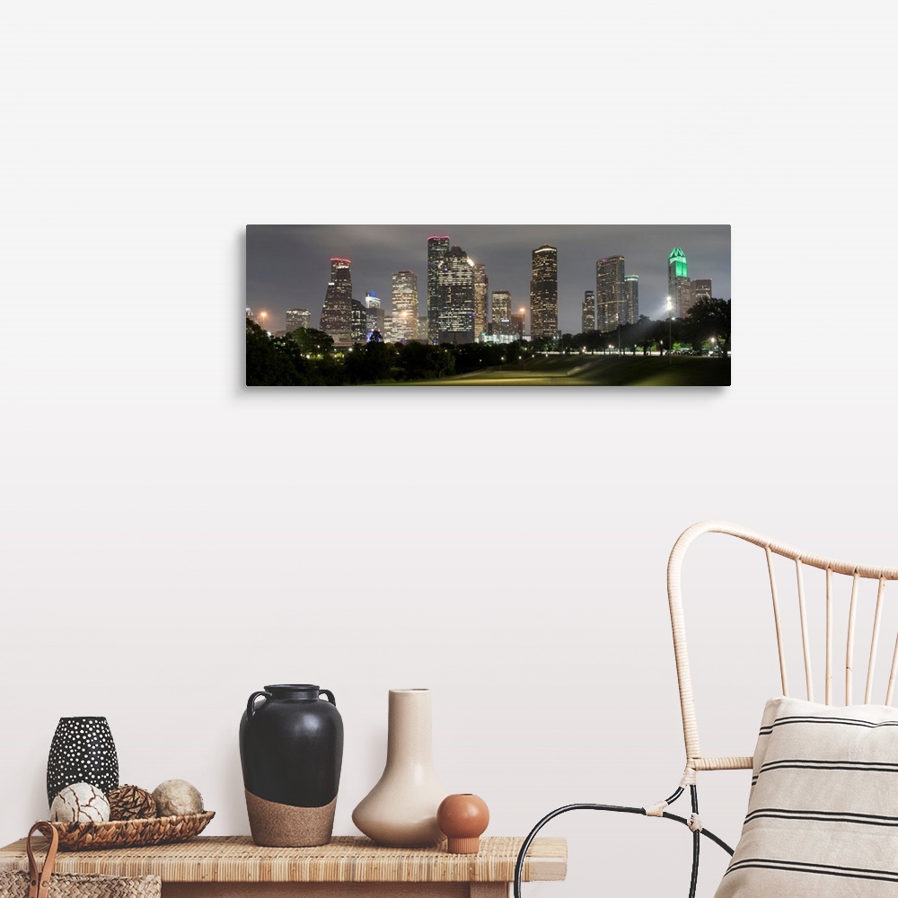 A farmhouse room featuring Panoramic photograph of the Houston TX skyline at night from Eleanor Tinsley Park.