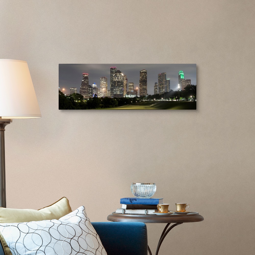 A traditional room featuring Panoramic photograph of the Houston TX skyline at night from Eleanor Tinsley Park.