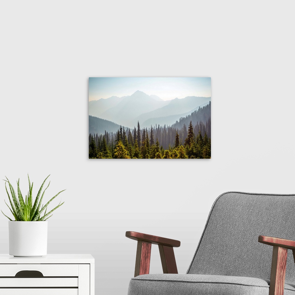 A modern room featuring View of Hurricane Ridge with Mount Angeles in the background, Olympic National Park, Washington.