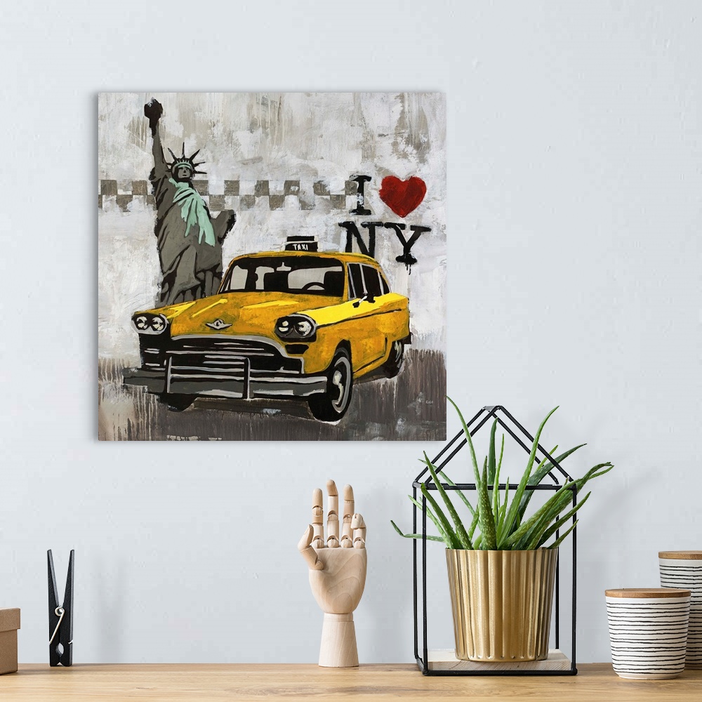A bohemian room featuring Contemporary painting of a taxi cab in front of the State of Liberty with an "I love New York" lo...