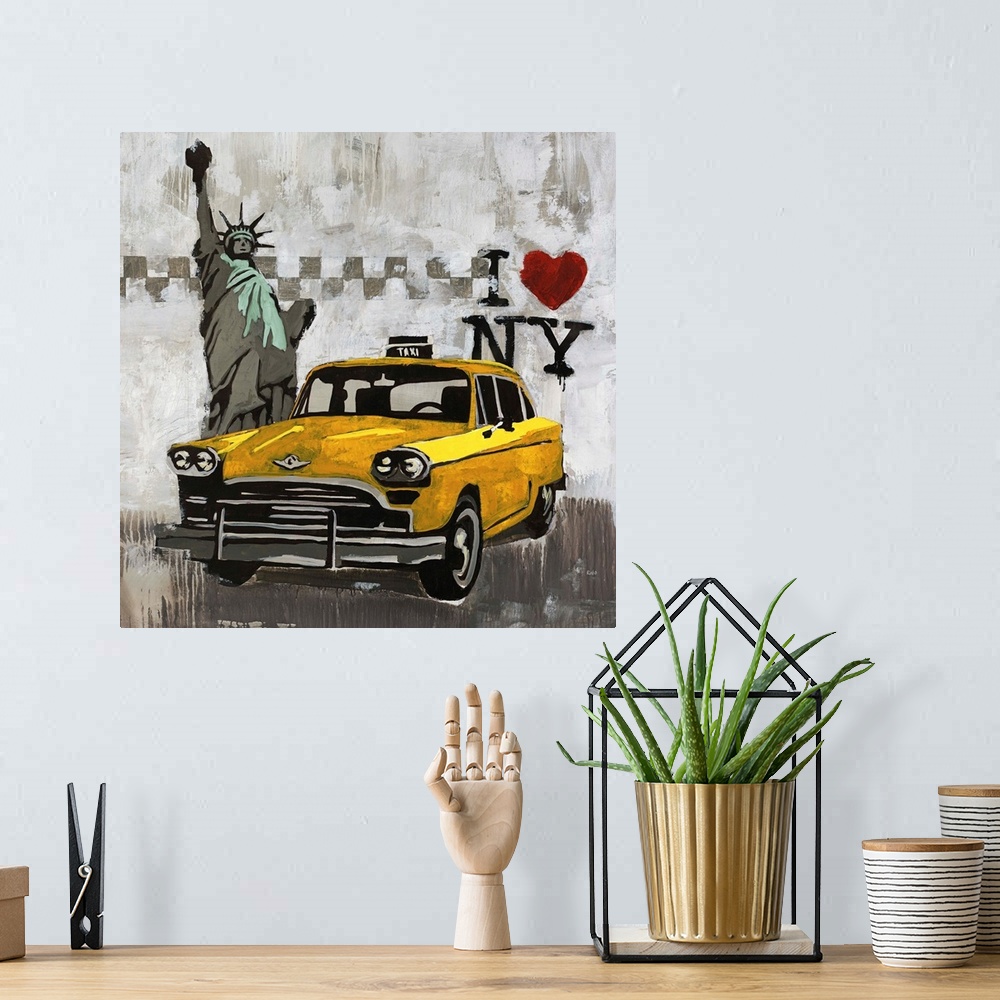 A bohemian room featuring Contemporary painting of a taxi cab in front of the State of Liberty with an "I love New York" lo...