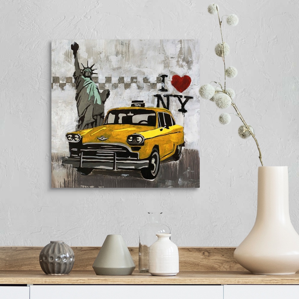 A farmhouse room featuring Contemporary painting of a taxi cab in front of the State of Liberty with an "I love New York" lo...