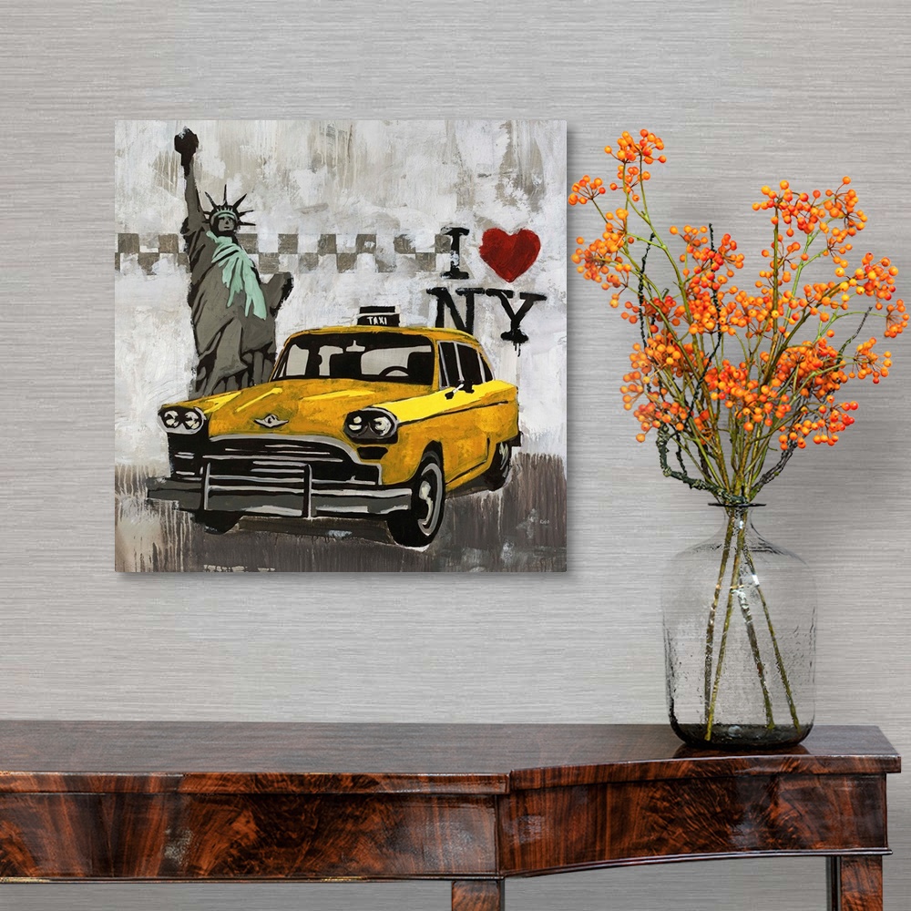 A traditional room featuring Contemporary painting of a taxi cab in front of the State of Liberty with an "I love New York" lo...