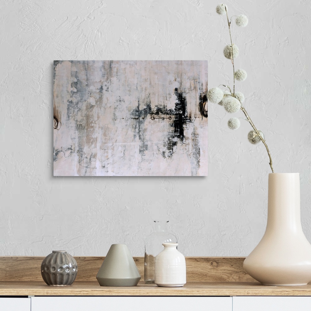 A farmhouse room featuring Big abstract art composed of a muted background covered with a few dark highlights over top of it...
