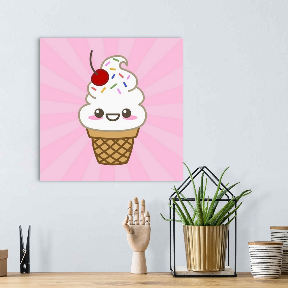 A bohemian room featuring An adorable ice cream cone with a cherry and sprinkles on a pink background.