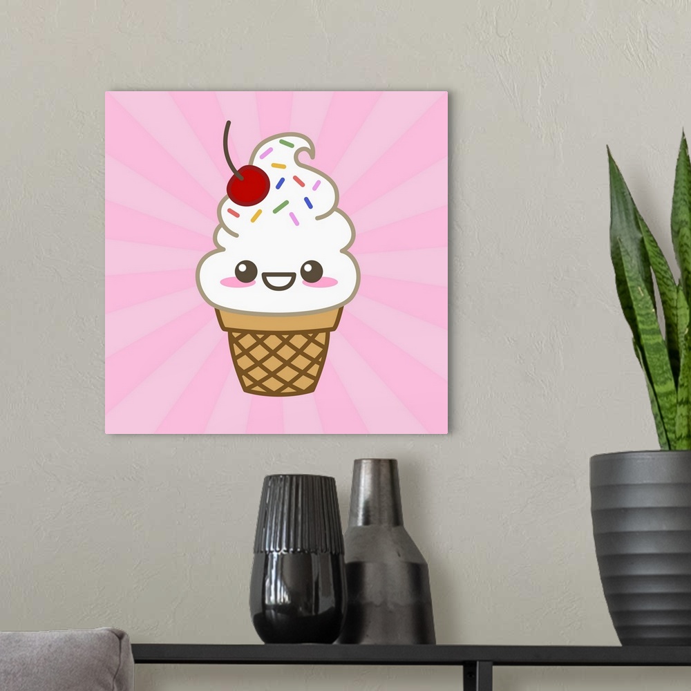A modern room featuring An adorable ice cream cone with a cherry and sprinkles on a pink background.