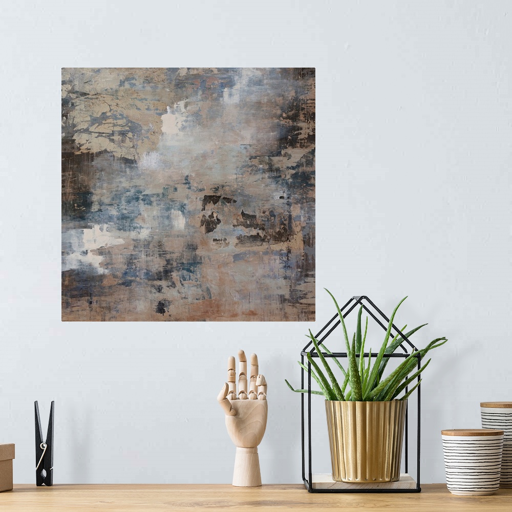 A bohemian room featuring Giant abstract art composed of assorted streaks and patches of faded earth tones layered on top o...