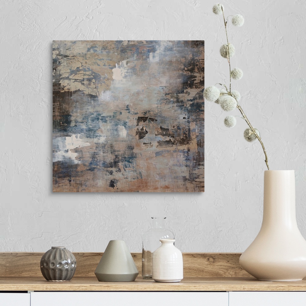 A farmhouse room featuring Giant abstract art composed of assorted streaks and patches of faded earth tones layered on top o...