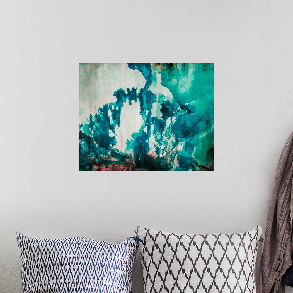 A bohemian room featuring Abstract painting of bright aqua-colored shapes over a muted background.