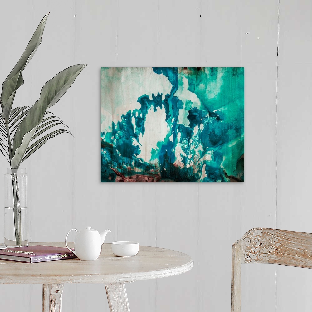 A farmhouse room featuring Abstract painting of bright aqua-colored shapes over a muted background.