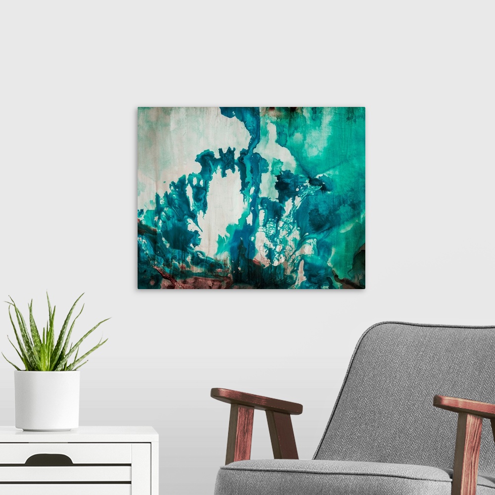 A modern room featuring Abstract painting of bright aqua-colored shapes over a muted background.