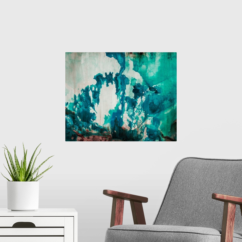 A modern room featuring Abstract painting of bright aqua-colored shapes over a muted background.