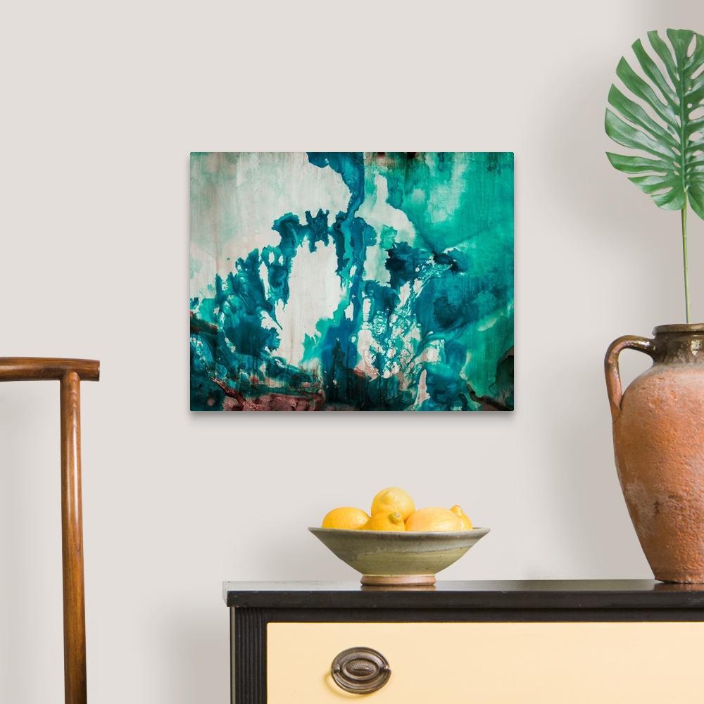 A traditional room featuring Abstract painting of bright aqua-colored shapes over a muted background.