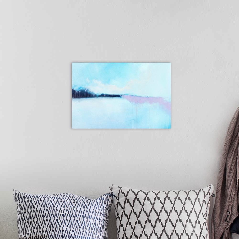 A bohemian room featuring Contemporary abstract painting in light blue and lavender tones,  resembling a field in the winter.
