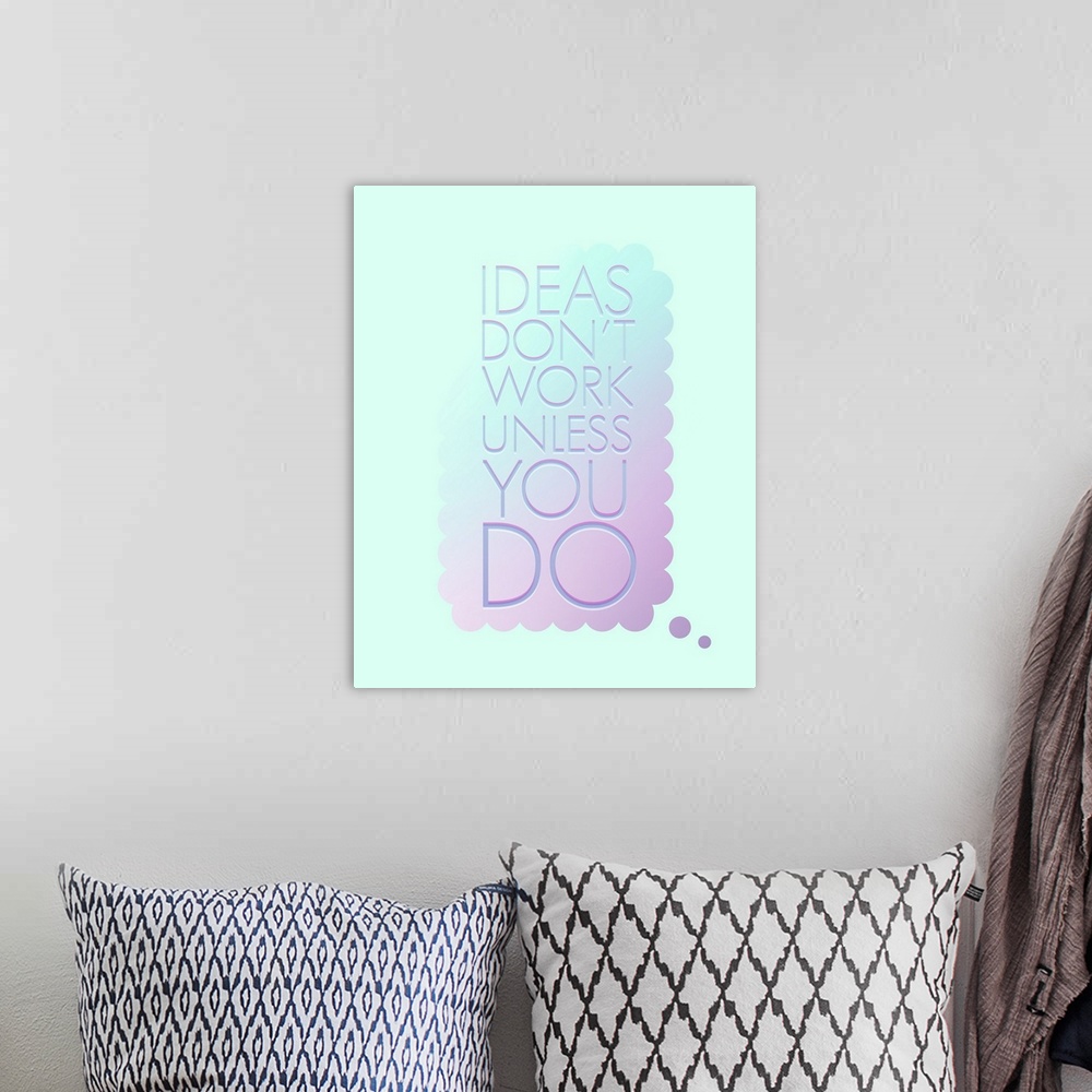 A bohemian room featuring Typography poster with a pastel thought bubble and a sans serif font.
