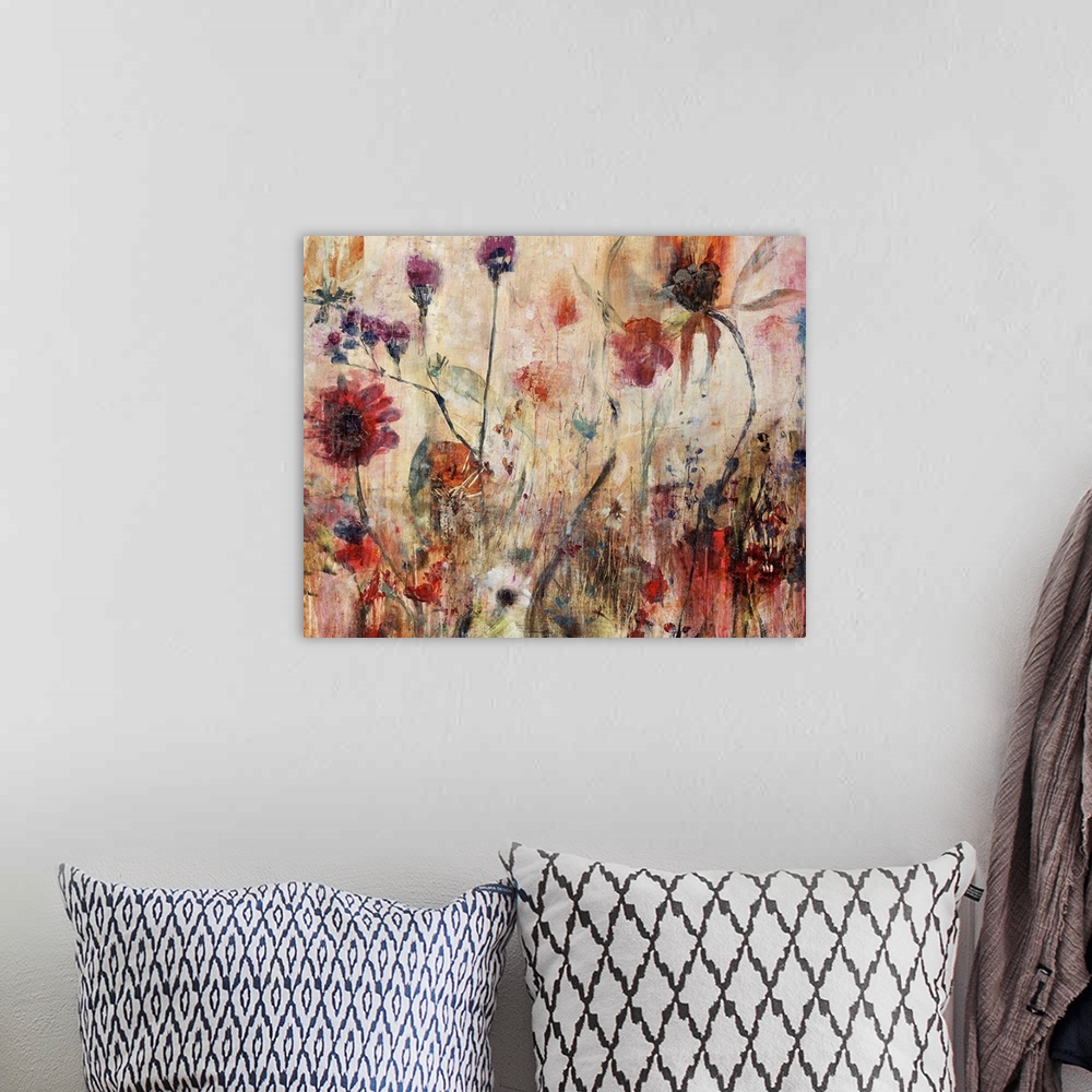 A bohemian room featuring Contemporary abstract painting of wildflowers with grungy textures on canvas.