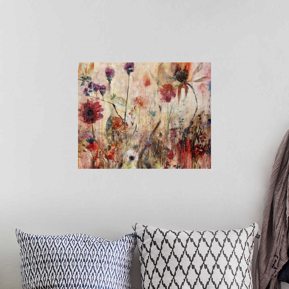 A bohemian room featuring Contemporary abstract painting of wildflowers with grungy textures on canvas.