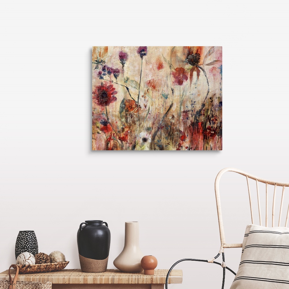 A farmhouse room featuring Contemporary abstract painting of wildflowers with grungy textures on canvas.