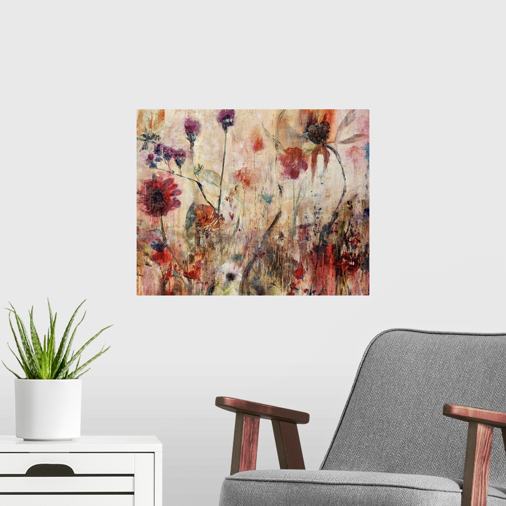 A modern room featuring Contemporary abstract painting of wildflowers with grungy textures on canvas.