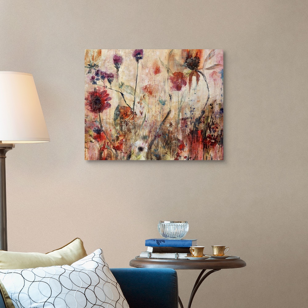 A traditional room featuring Contemporary abstract painting of wildflowers with grungy textures on canvas.