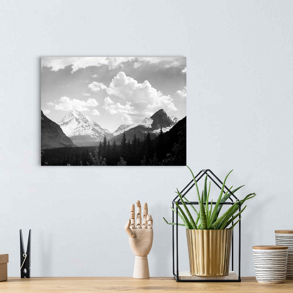 A bohemian room featuring In Glacier National Park, looking across forest to mountains and clouds.