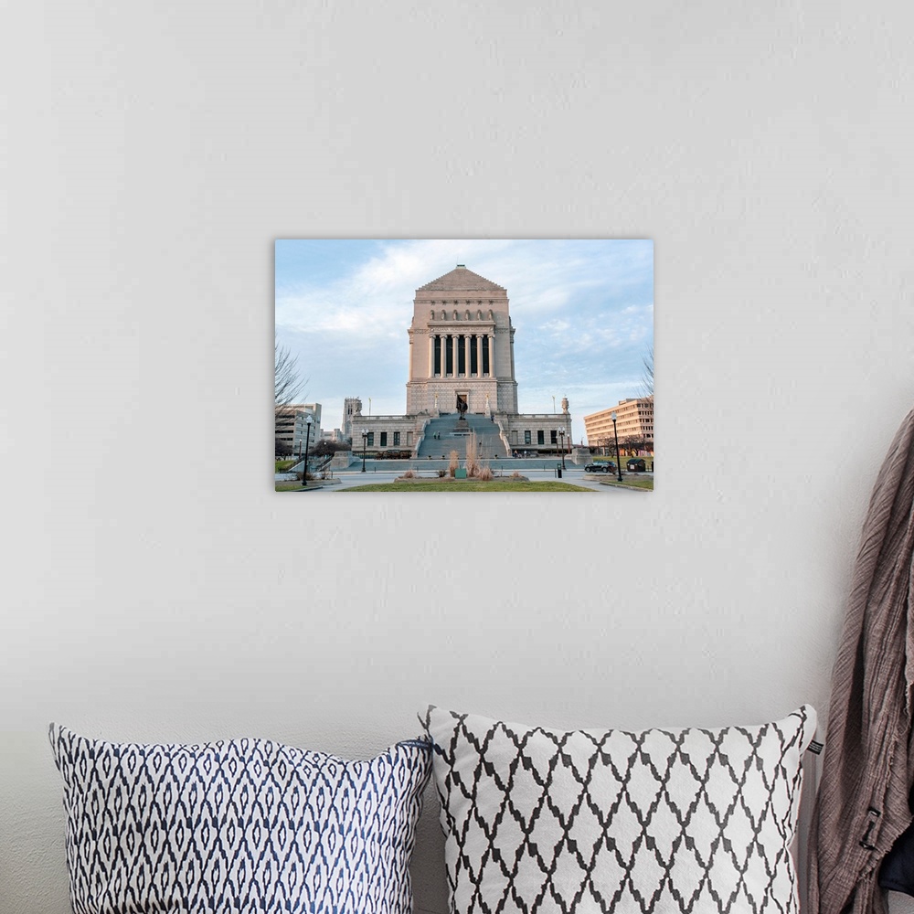 A bohemian room featuring Photo of a historical monument in Indianapolis, Indiana, originally built to honor the veterans o...