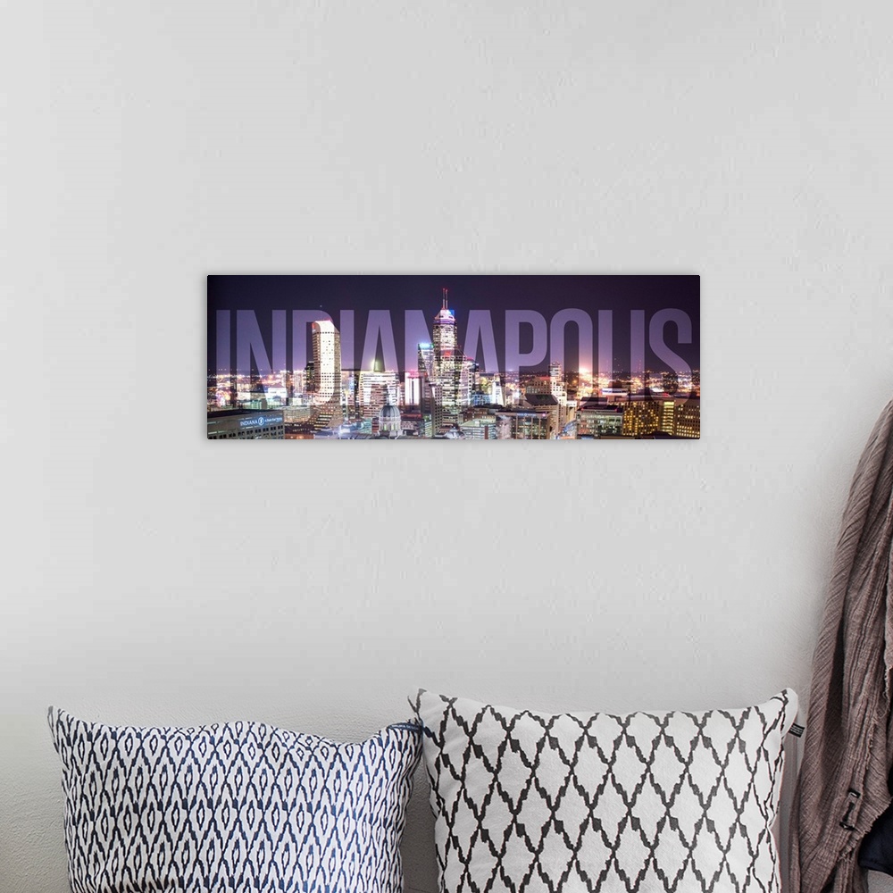 A bohemian room featuring Transparent typography art overlay against a photograph of the Indianapolis city skyline.