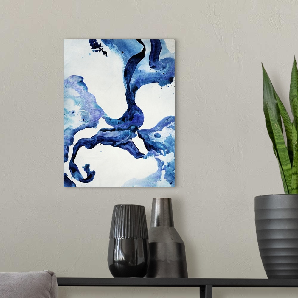 A modern room featuring Contemporary abstract painting featuring fluid and curvaceous shapes done in varying shades of in...
