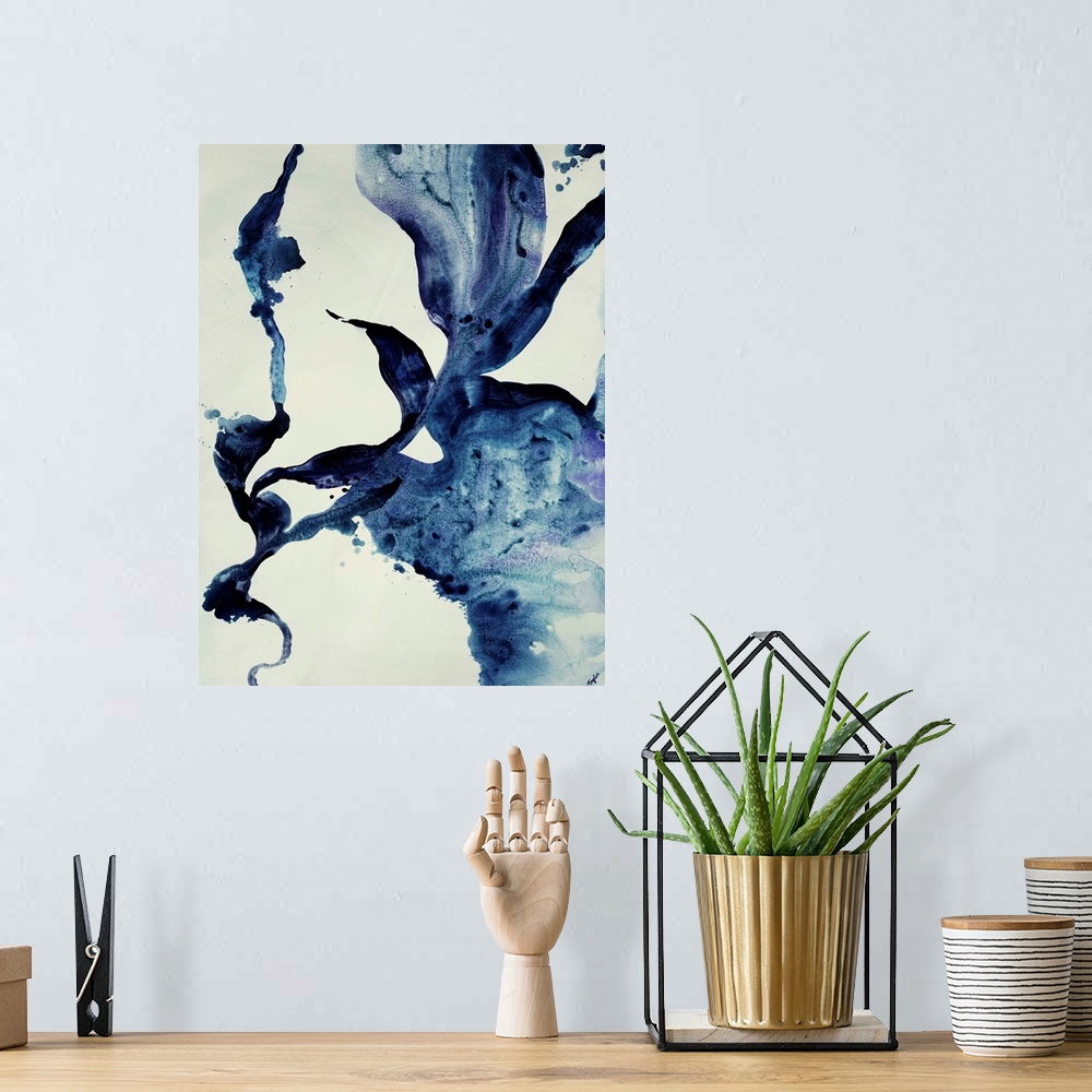 A bohemian room featuring Contemporary abstract painting featuring fluid and curvaceous shapes done in varying shades of in...