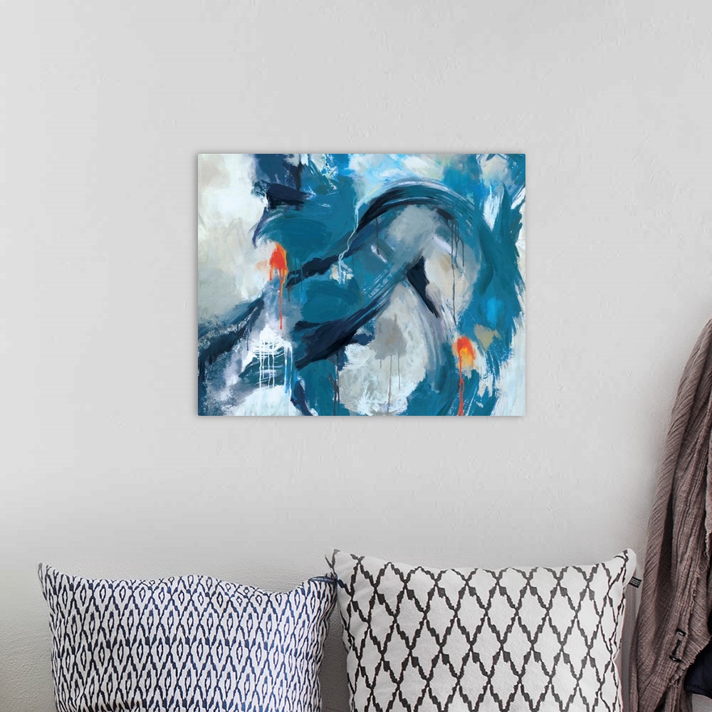A bohemian room featuring Contemporary abstract artwork in swirling blue and black shades.