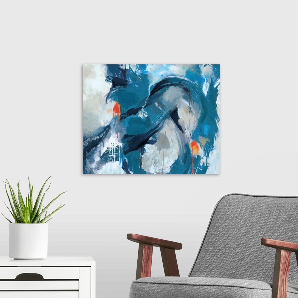 A modern room featuring Contemporary abstract artwork in swirling blue and black shades.