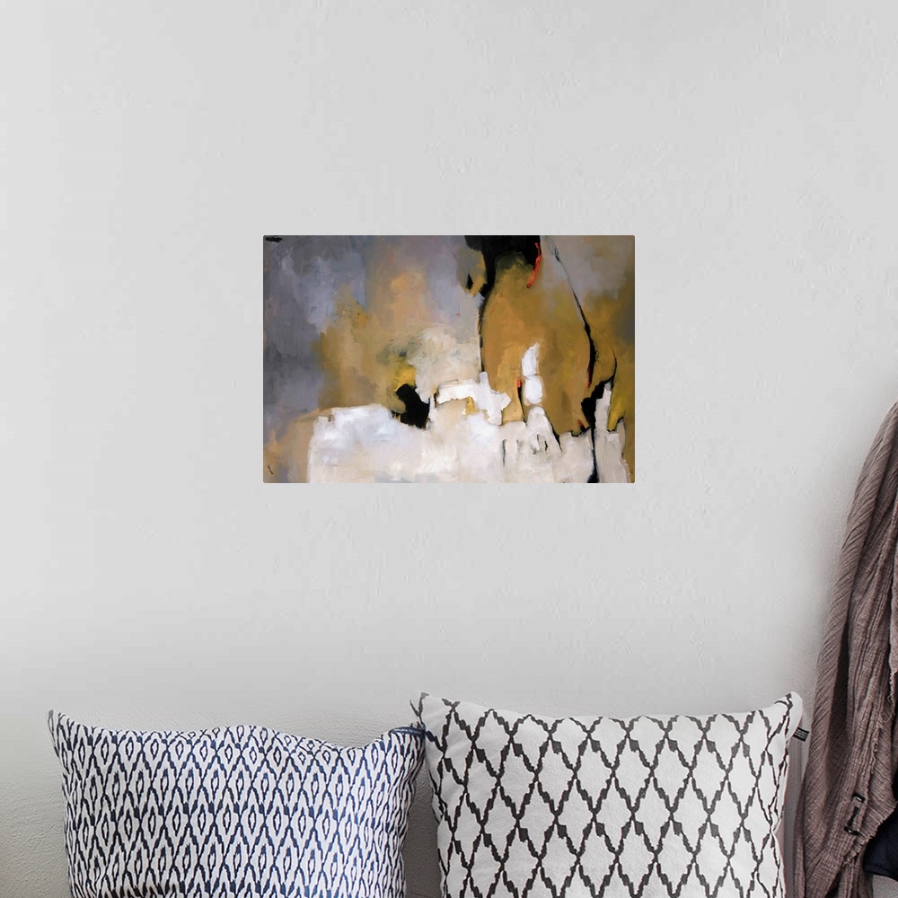 A bohemian room featuring This horizontal abstract painting is rendered with brush strokes implying shapes, depth, and a li...