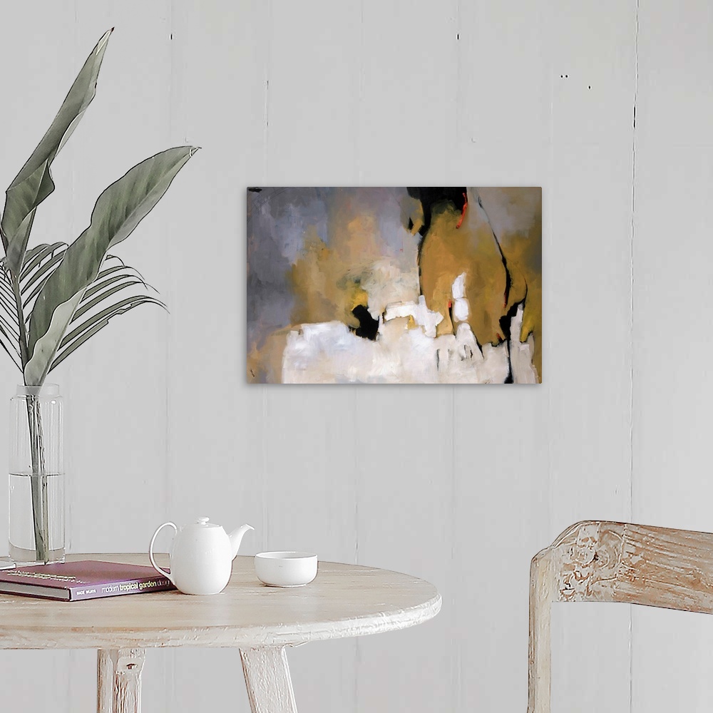 A farmhouse room featuring This horizontal abstract painting is rendered with brush strokes implying shapes, depth, and a li...