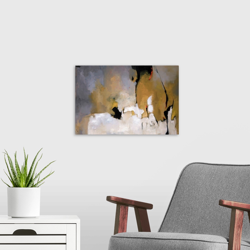 A modern room featuring This horizontal abstract painting is rendered with brush strokes implying shapes, depth, and a li...