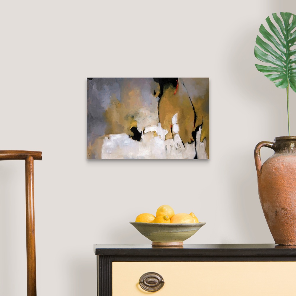 A traditional room featuring This horizontal abstract painting is rendered with brush strokes implying shapes, depth, and a li...