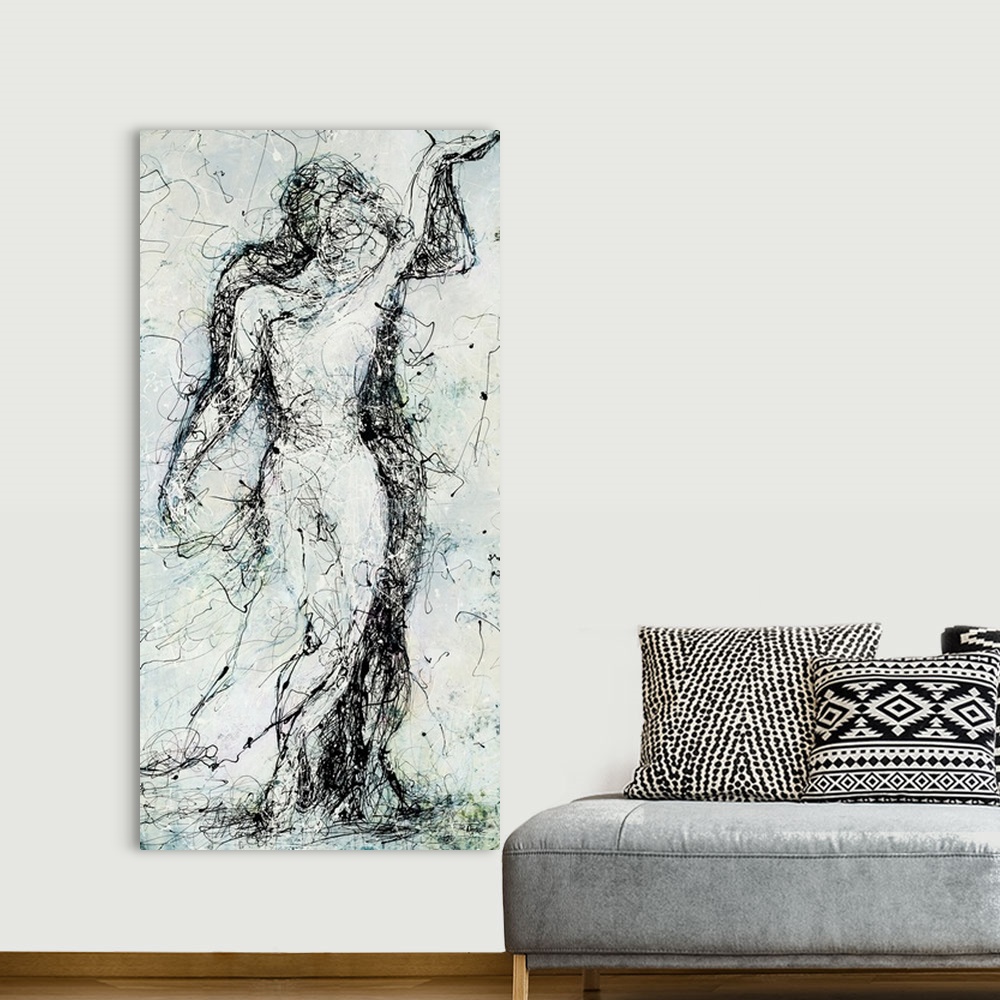 A bohemian room featuring Abstract figurative painting of a couple embracing, reminiscent of two statues in front of one an...