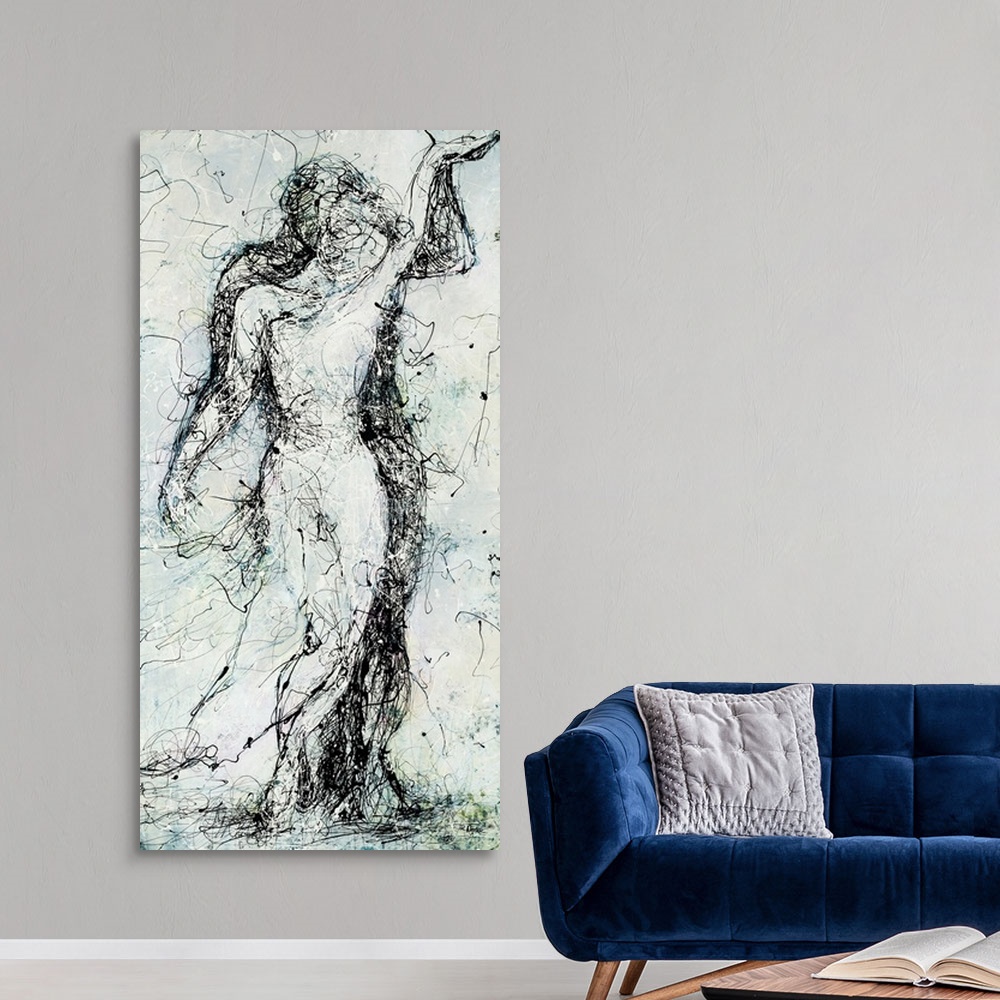 A modern room featuring Abstract figurative painting of a couple embracing, reminiscent of two statues in front of one an...