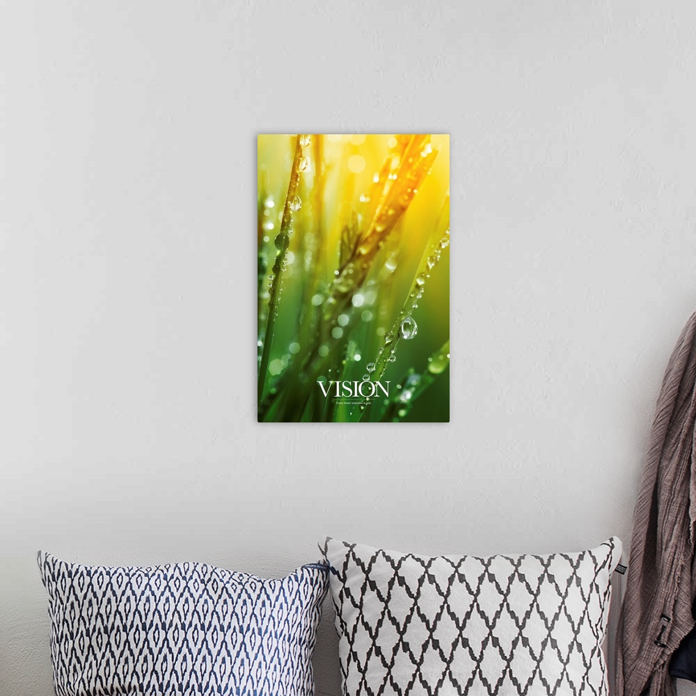 A bohemian room featuring Inspirational picture of morning dew on blades of grass as the sun shines down.