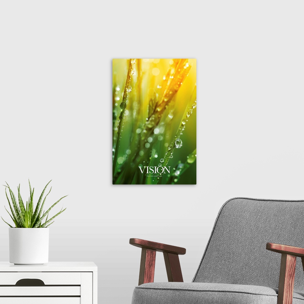 A modern room featuring Inspirational picture of morning dew on blades of grass as the sun shines down.