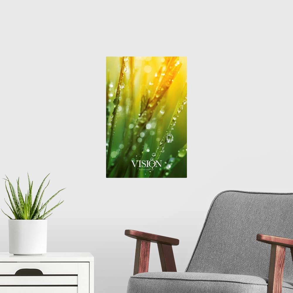 A modern room featuring Inspirational picture of morning dew on blades of grass as the sun shines down.