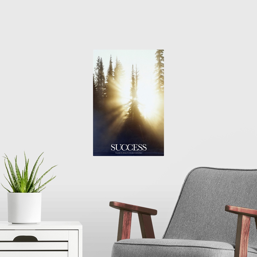 A modern room featuring This inspirational poster shows the sun shining through a forest of pine trees with the word "Suc...