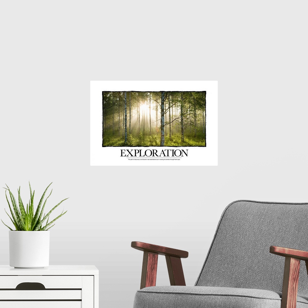 A modern room featuring Big canvas print of a forest with a blinding sun shining through and text at the bottom.