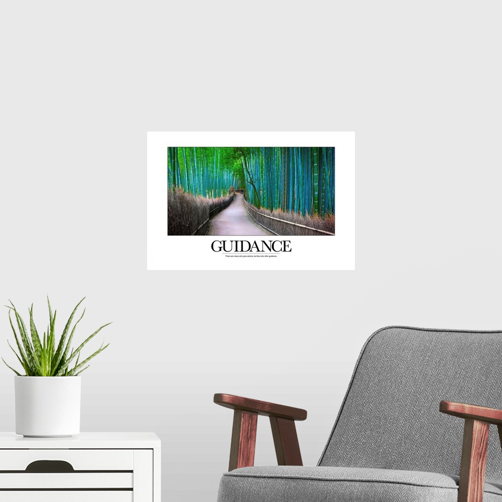 A modern room featuring Big inspirational canvas of a bamboo forest with a pathway going through it and a saying about gu...