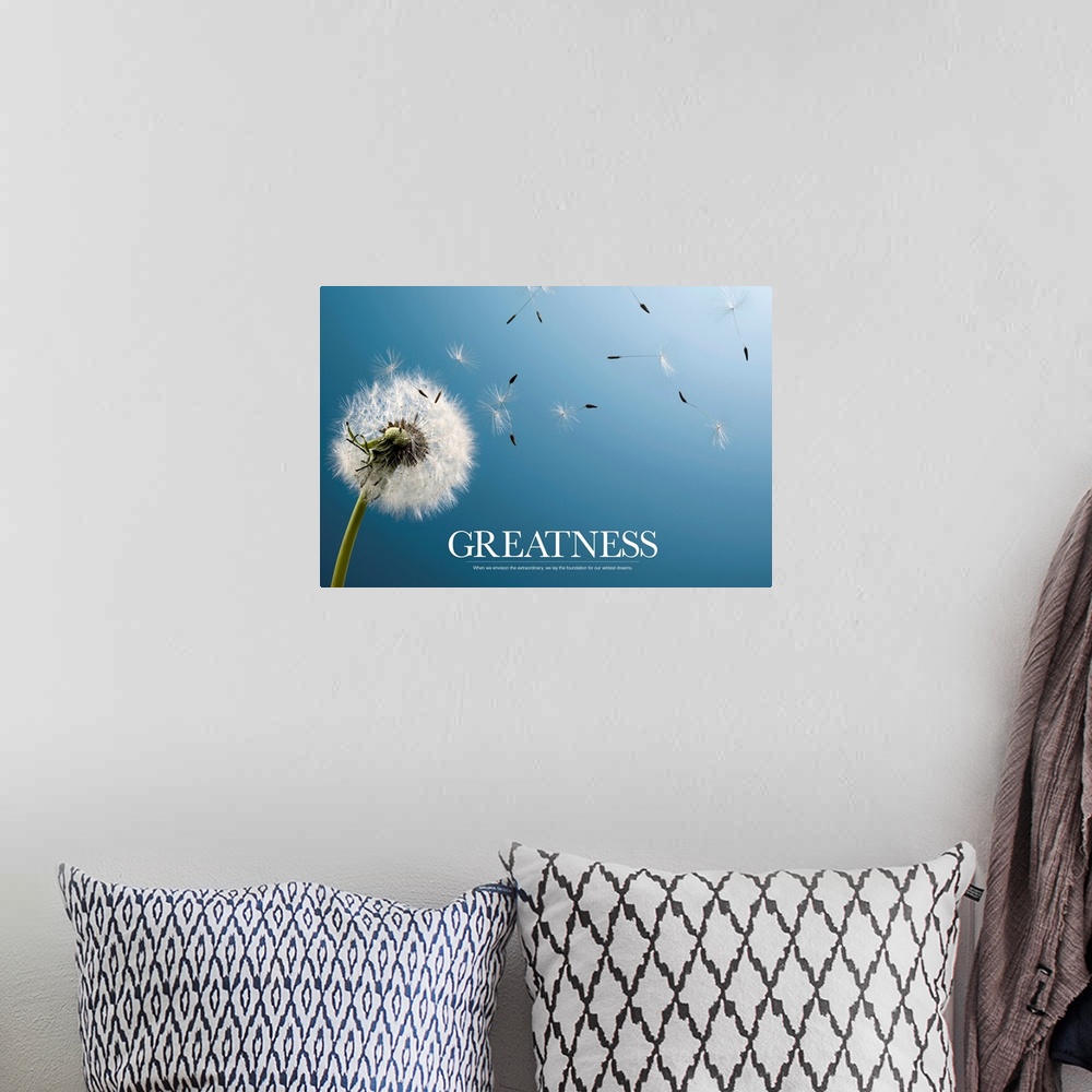 A bohemian room featuring Large canvas art showcases the seed pods of a lone dandelion flower blowing in wind.  At the bott...