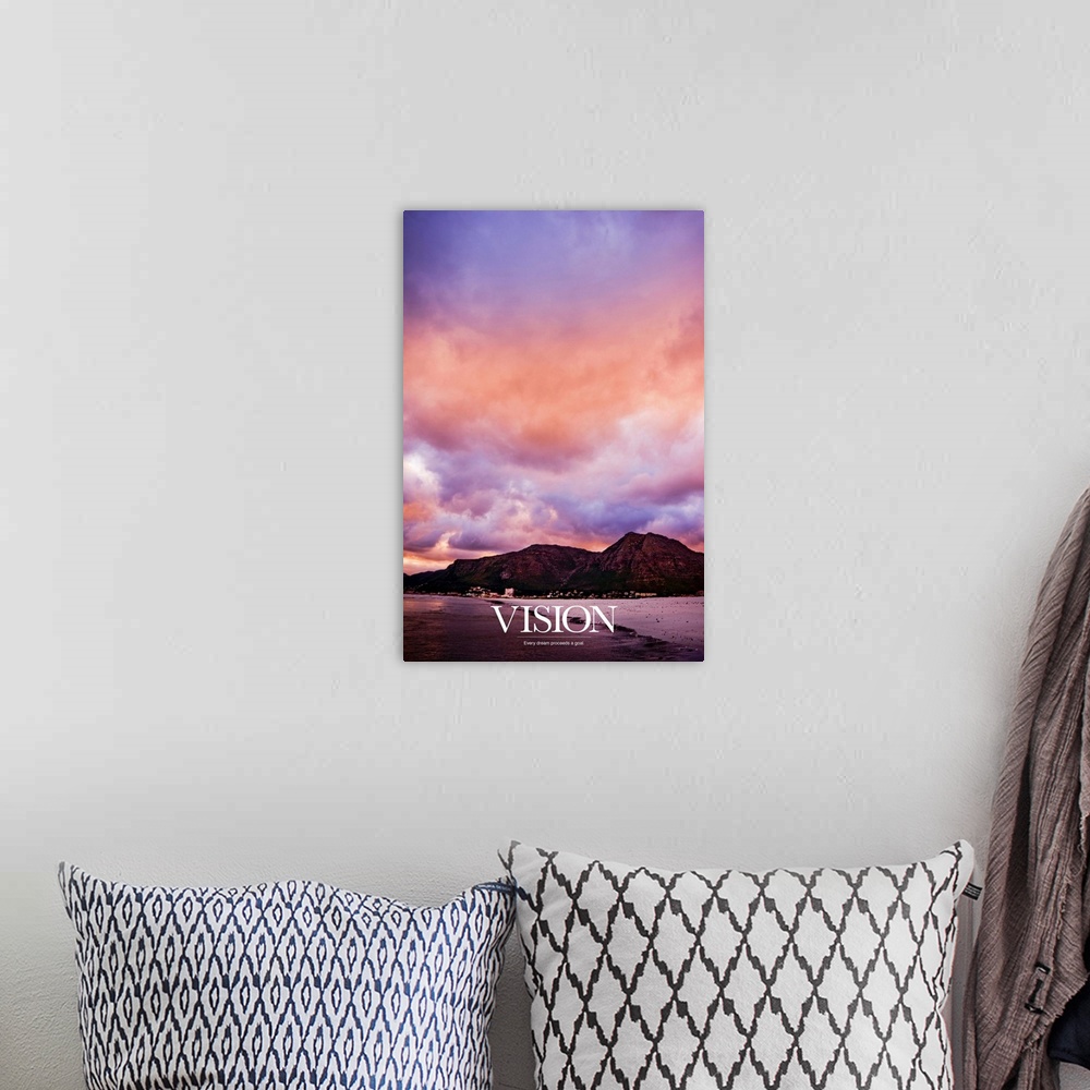 A bohemian room featuring Big, vertical, inspirational wall hanging of a photograph of a pastel sky full of fluff, billowin...