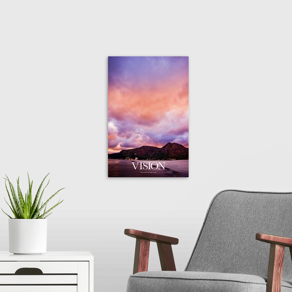 A modern room featuring Big, vertical, inspirational wall hanging of a photograph of a pastel sky full of fluff, billowin...