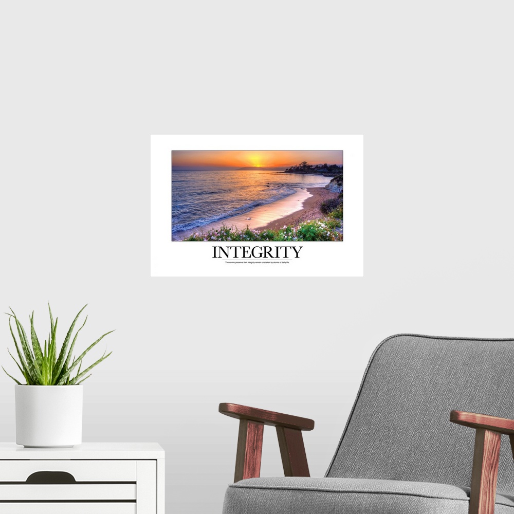 A modern room featuring Oversized, landscape photograph of a shoreline at sunset, surrounded by a large white border.  Un...