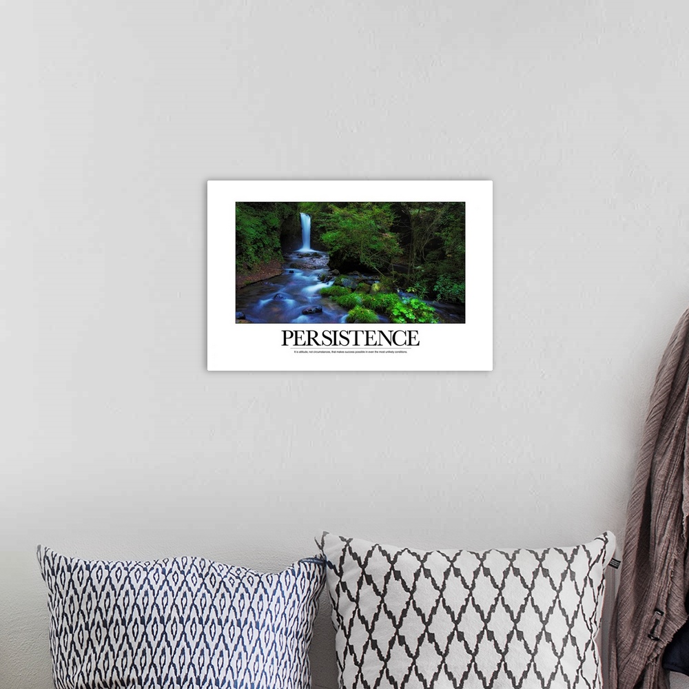 A bohemian room featuring Motivational poster of a waterfall in a lush forest with the caption "Persistence:  It is attitud...